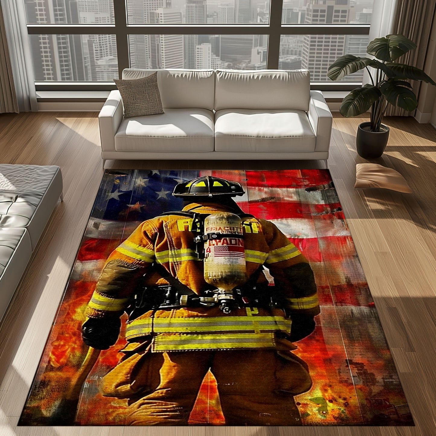 Bold Fire Truck in Front of the USA Flag Area Rug: Show Support for First Responders and Nation, Firefighter Rugs for Living Room Bedroom, Firefighter Rectangular Rugs Full Size FR60