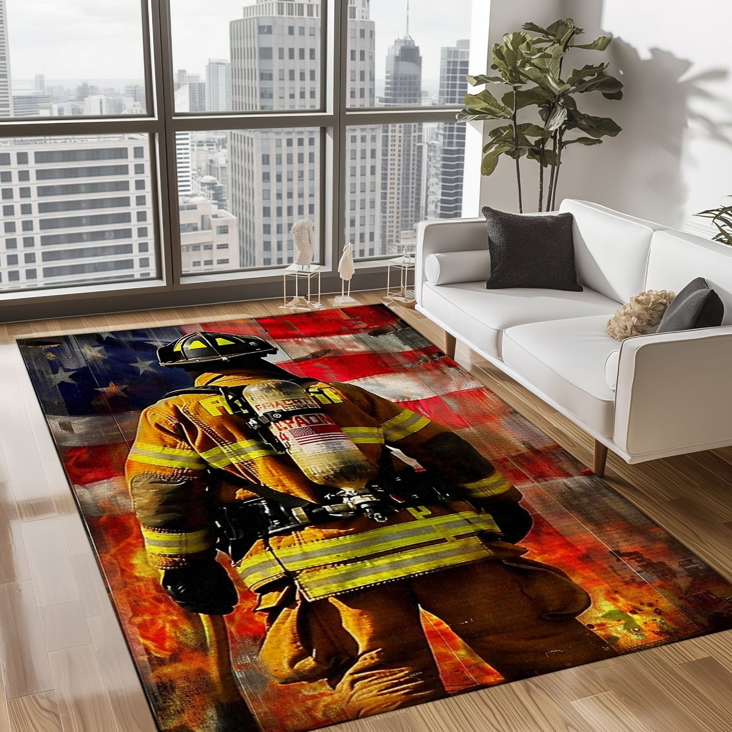 Bold Fire Truck in Front of the USA Flag Area Rug: Show Support for First Responders and Nation, Firefighter Rugs for Living Room Bedroom, Firefighter Rectangular Rugs Full Size FR60