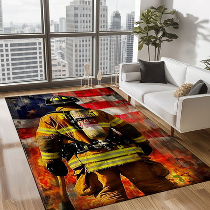 American Flag Firefighter Area Rug for Patriotic Living Spaces, Firefighter Rugs for Living Room Bedroom, Firefighter Rectangular Rugs Full Size FR161