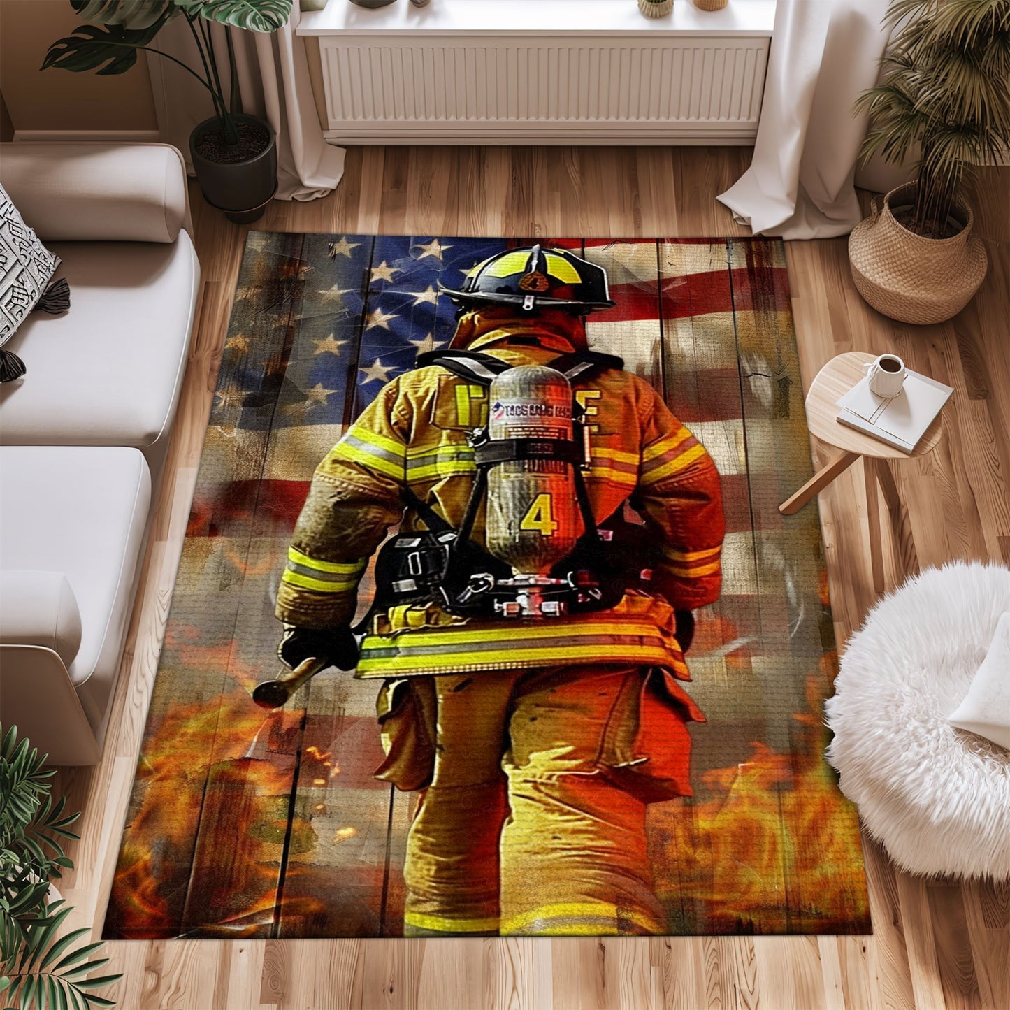 Bold Fire Truck in Front of the USA Flag Area Rug: Show Support for First Responders and Nation, Firefighter Rugs for Living Room Bedroom, Firefighter Rectangular Rugs Full Size FR60