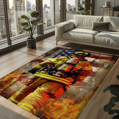 Bold Fire Truck in Front of the USA Flag Area Rug: Show Support for First Responders and Nation, Firefighter Rugs for Living Room Bedroom, Firefighter Rectangular Rugs Full Size FR60