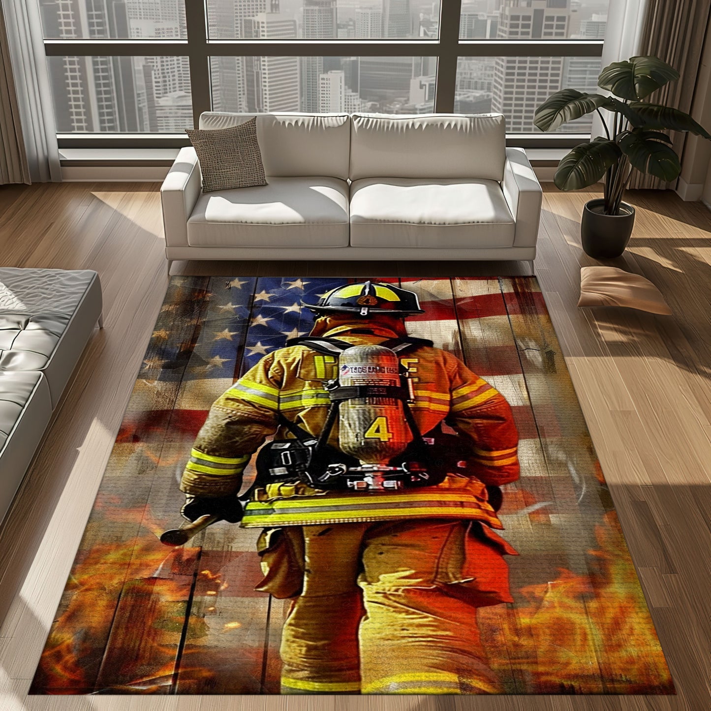 Bold Fire Truck in Front of the USA Flag Area Rug: Show Support for First Responders and Nation, Firefighter Rugs for Living Room Bedroom, Firefighter Rectangular Rugs Full Size FR60