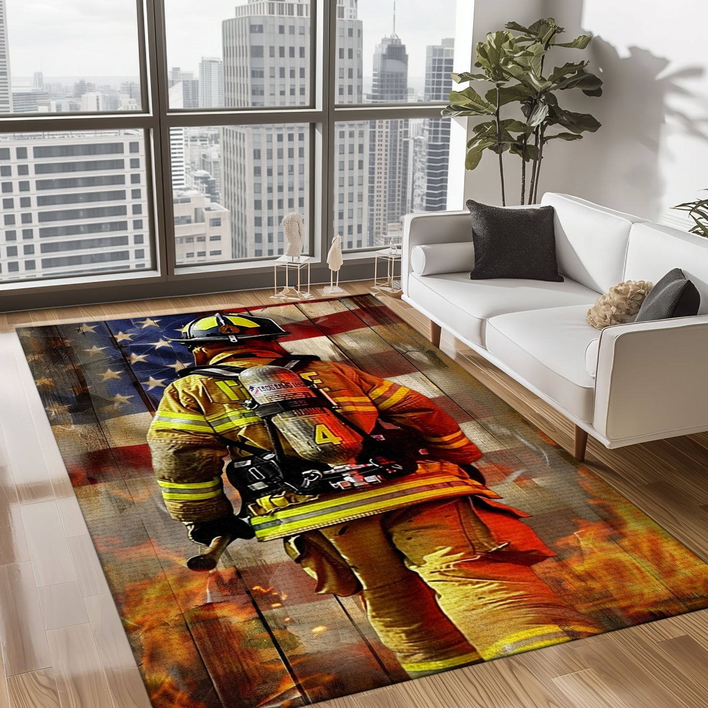 Bold Fire Truck in Front of the USA Flag Area Rug: Show Support for First Responders and Nation, Firefighter Rugs for Living Room Bedroom, Firefighter Rectangular Rugs Full Size FR60