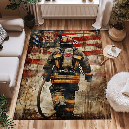 Bold Fire Truck in Front of the USA Flag Area Rug: Show Support for First Responders and Nation, Firefighter Rugs for Living Room Bedroom, Firefighter Rectangular Rugs Full Size FR60