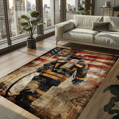 Proudly Patriotic: Personalized America Flag Fire Fighter Area Rug, Firefighter Rugs for Living Room Bedroom, Firefighter Rectangular Rugs Full Size FR159