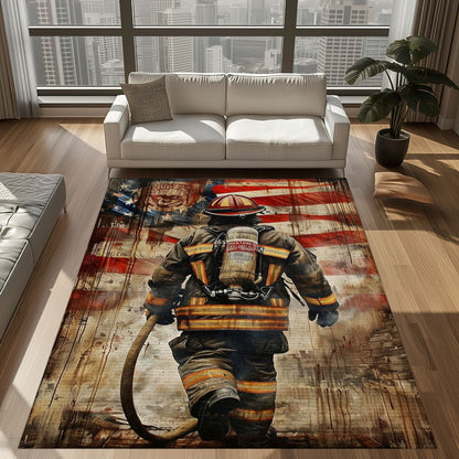 Bold Fire Truck in Front of the USA Flag Area Rug: Show Support for First Responders and Nation, Firefighter Rugs for Living Room Bedroom, Firefighter Rectangular Rugs Full Size FR60