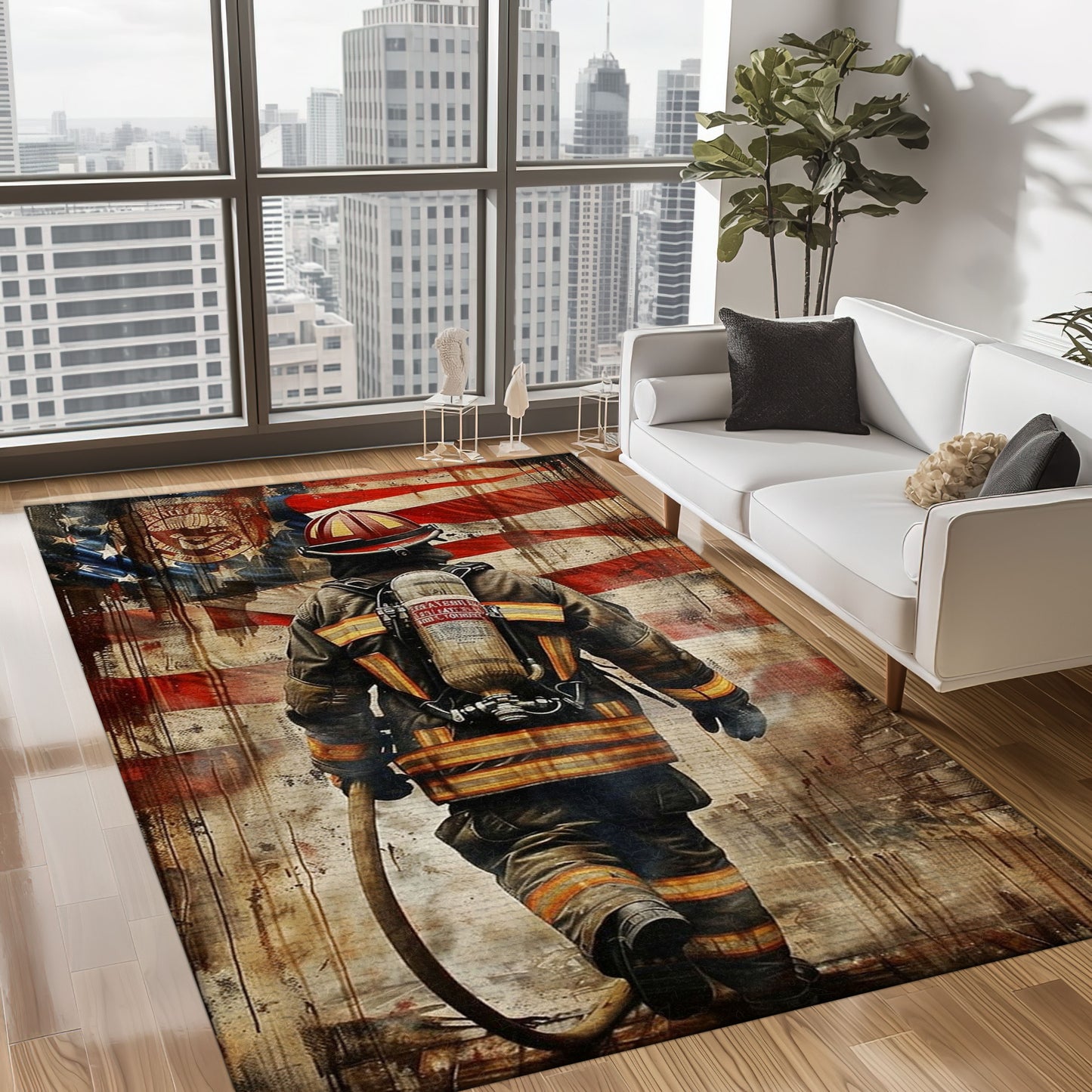 Bold Fire Truck in Front of the USA Flag Area Rug: Show Support for First Responders and Nation, Firefighter Rugs for Living Room Bedroom, Firefighter Rectangular Rugs Full Size FR60