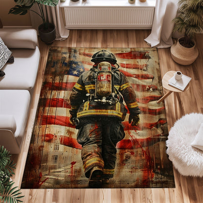 Bold Fire Truck in Front of the USA Flag Area Rug: Show Support for First Responders and Nation, Firefighter Rugs for Living Room Bedroom, Firefighter Rectangular Rugs Full Size FR60