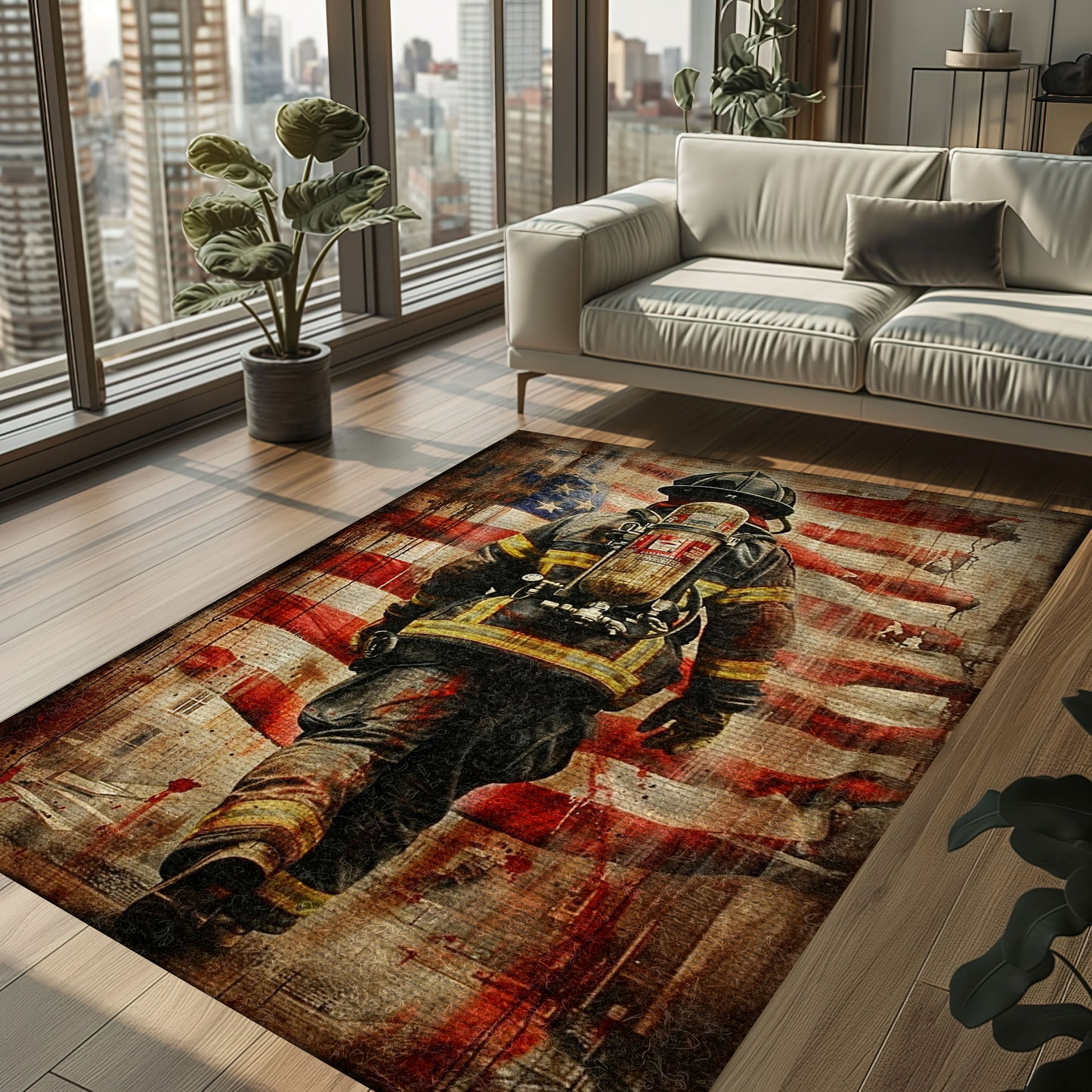 Bold Fire Truck in Front of the USA Flag Area Rug: Show Support for First Responders and Nation, Firefighter Rugs for Living Room Bedroom, Firefighter Rectangular Rugs Full Size FR60