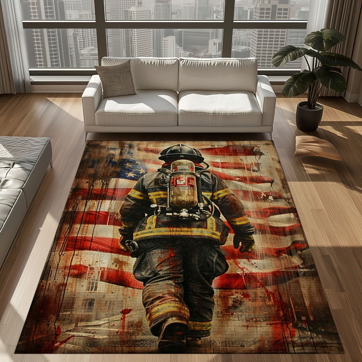 Bold Fire Truck in Front of the USA Flag Area Rug: Show Support for First Responders and Nation, Firefighter Rugs for Living Room Bedroom, Firefighter Rectangular Rugs Full Size FR60