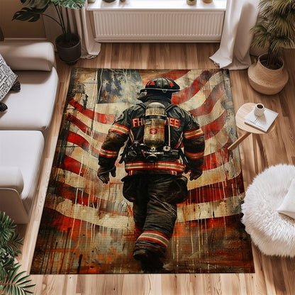 Bold Fire Truck in Front of the USA Flag Area Rug: Show Support for First Responders and Nation, Firefighter Rugs for Living Room Bedroom, Firefighter Rectangular Rugs Full Size FR60