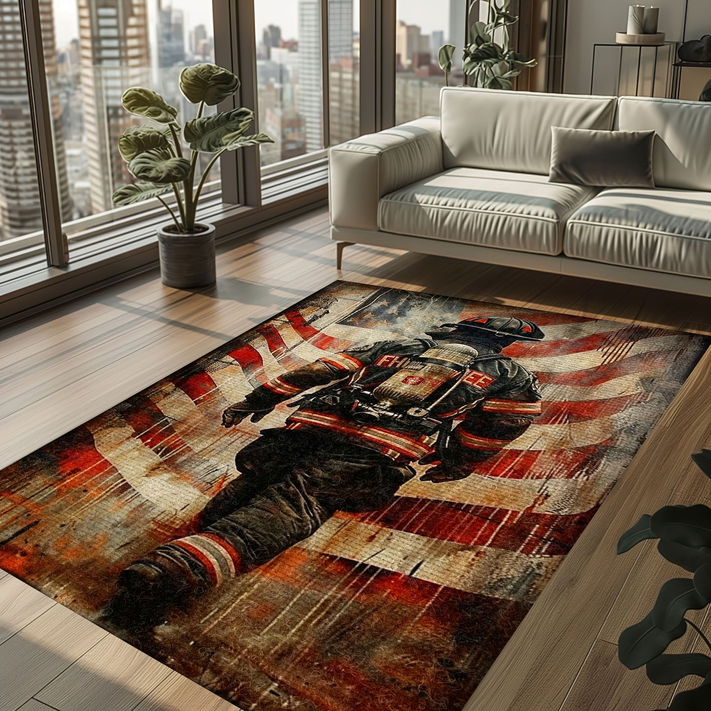 Bold Fire Truck in Front of the USA Flag Area Rug: Show Support for First Responders and Nation, Firefighter Rugs for Living Room Bedroom, Firefighter Rectangular Rugs Full Size FR60