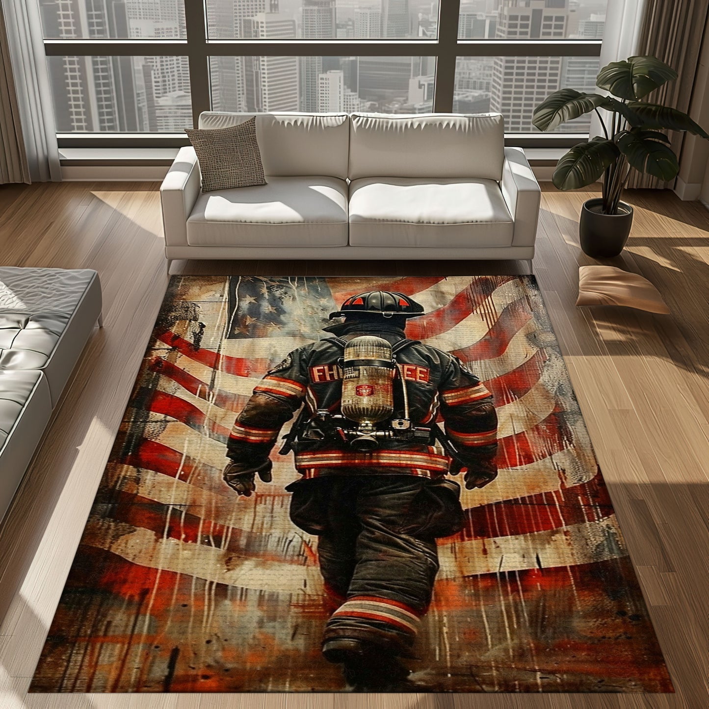 Bold Fire Truck in Front of the USA Flag Area Rug: Show Support for First Responders and Nation, Firefighter Rugs for Living Room Bedroom, Firefighter Rectangular Rugs Full Size FR60