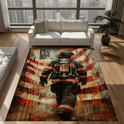 Red, White, and Heroic: Personalized America Flag Fire Fighter Area Rug, Firefighter Rugs for Living Room Bedroom, Firefighter Rectangular Rugs Full Size FR157