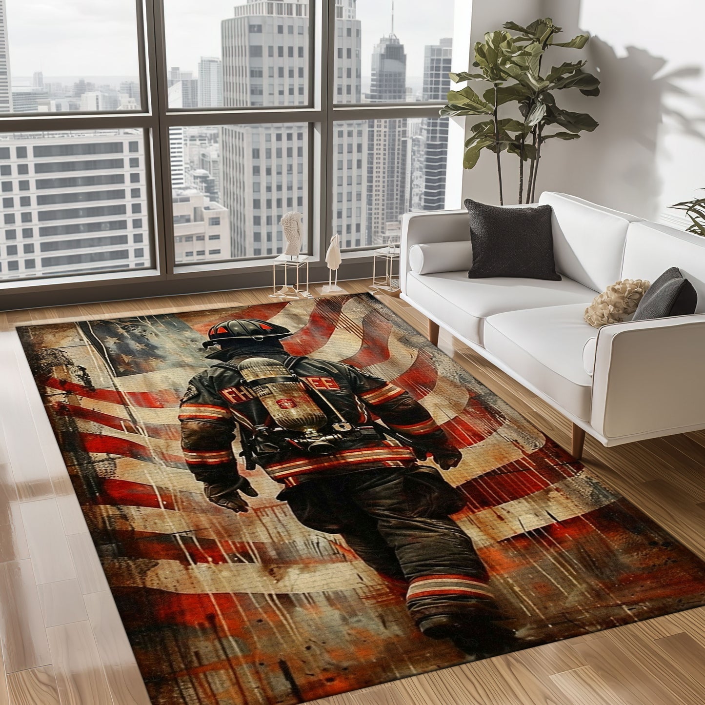 Bold Fire Truck in Front of the USA Flag Area Rug: Show Support for First Responders and Nation, Firefighter Rugs for Living Room Bedroom, Firefighter Rectangular Rugs Full Size FR60