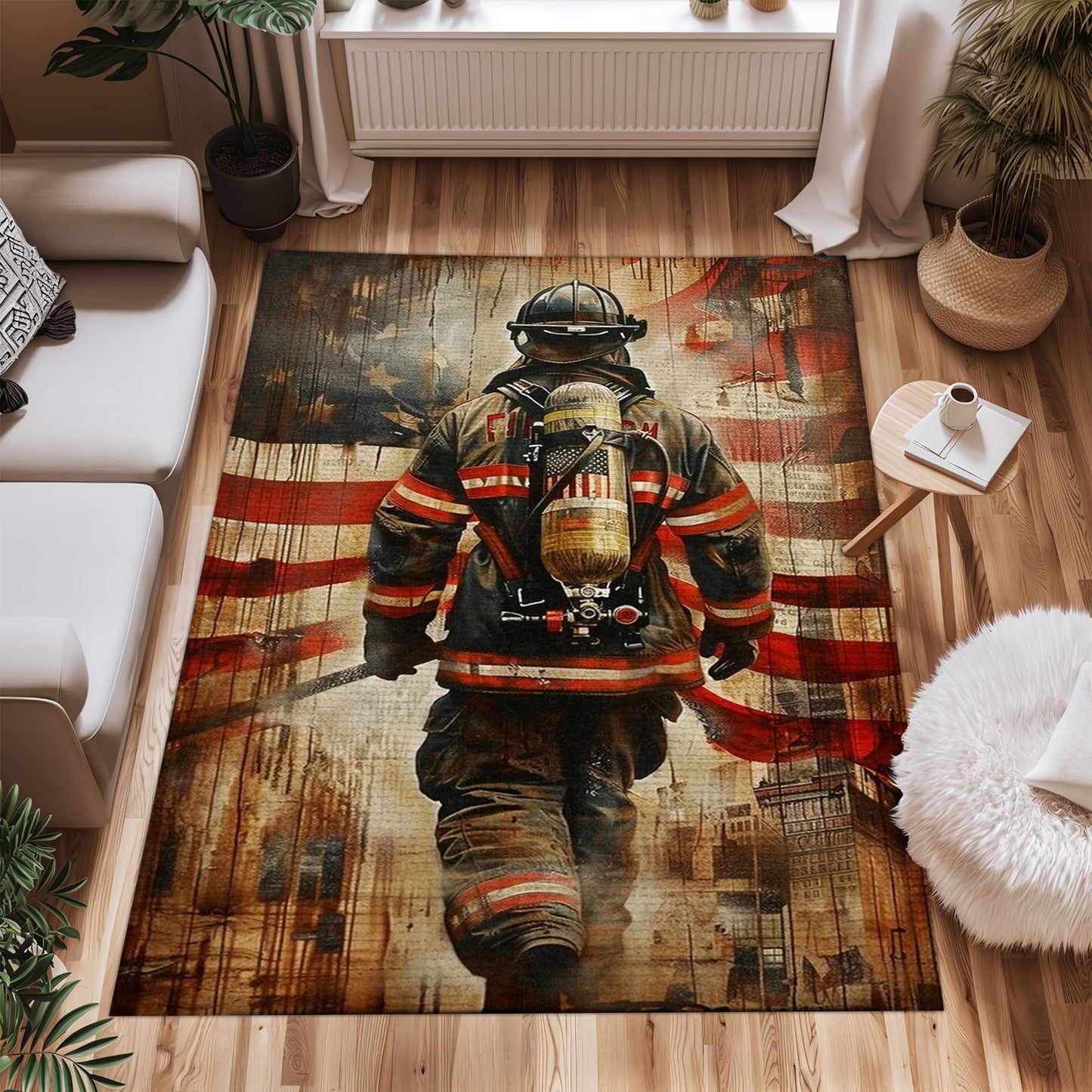 Bold Fire Truck in Front of the USA Flag Area Rug: Show Support for First Responders and Nation, Firefighter Rugs for Living Room Bedroom, Firefighter Rectangular Rugs Full Size FR60