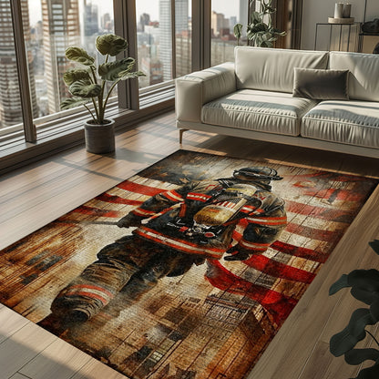 Bold Fire Truck in Front of the USA Flag Area Rug: Show Support for First Responders and Nation, Firefighter Rugs for Living Room Bedroom, Firefighter Rectangular Rugs Full Size FR60