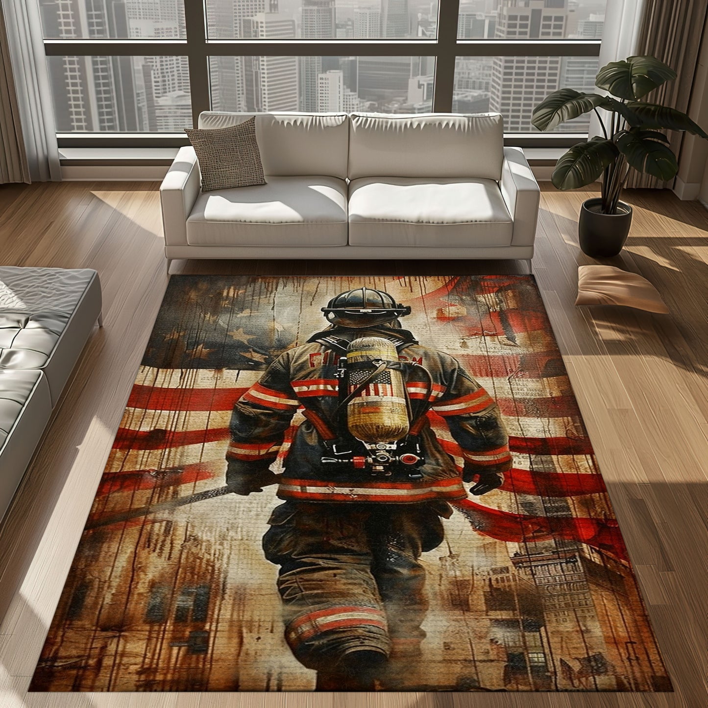 Bold Fire Truck in Front of the USA Flag Area Rug: Show Support for First Responders and Nation, Firefighter Rugs for Living Room Bedroom, Firefighter Rectangular Rugs Full Size FR60