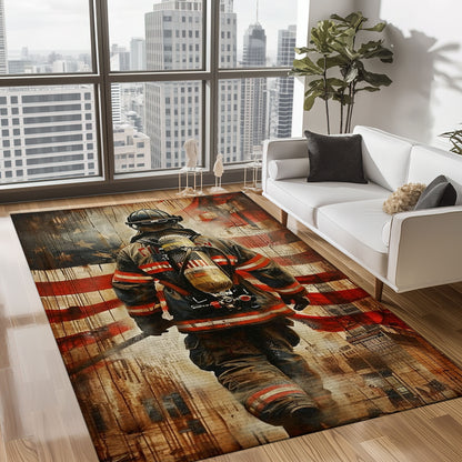 Bold Fire Truck in Front of the USA Flag Area Rug: Show Support for First Responders and Nation, Firefighter Rugs for Living Room Bedroom, Firefighter Rectangular Rugs Full Size FR60