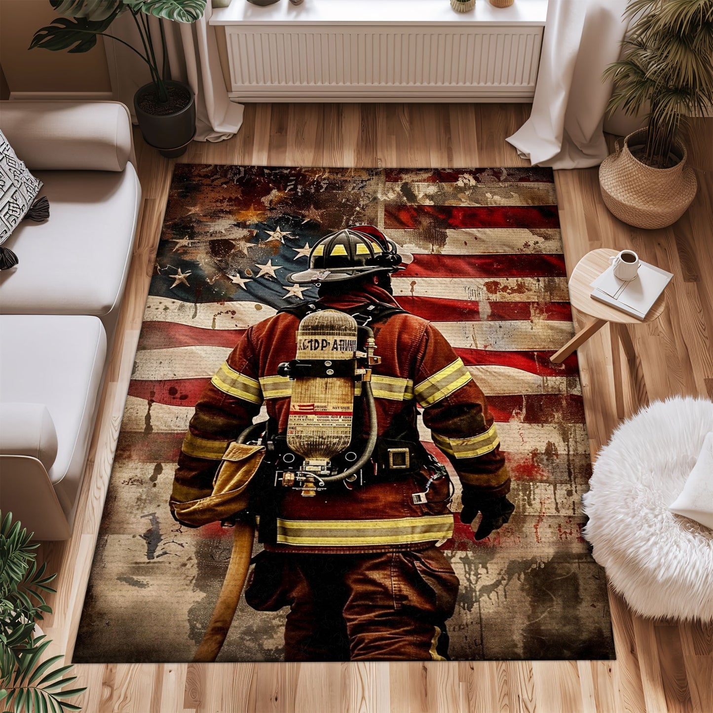 Bold Fire Truck in Front of the USA Flag Area Rug: Show Support for First Responders and Nation, Firefighter Rugs for Living Room Bedroom, Firefighter Rectangular Rugs Full Size FR60