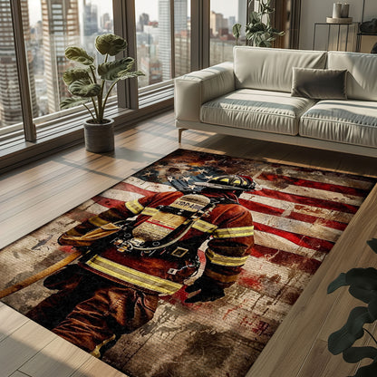 Bold Fire Truck in Front of the USA Flag Area Rug: Show Support for First Responders and Nation, Firefighter Rugs for Living Room Bedroom, Firefighter Rectangular Rugs Full Size FR60