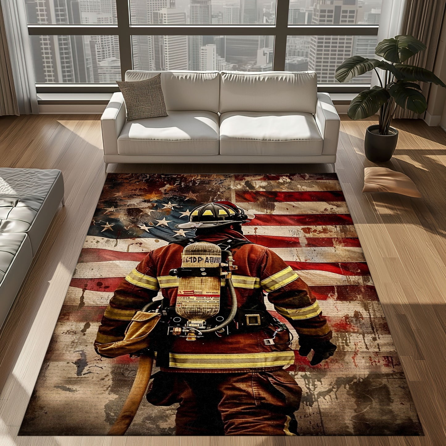 Bold Fire Truck in Front of the USA Flag Area Rug: Show Support for First Responders and Nation, Firefighter Rugs for Living Room Bedroom, Firefighter Rectangular Rugs Full Size FR60