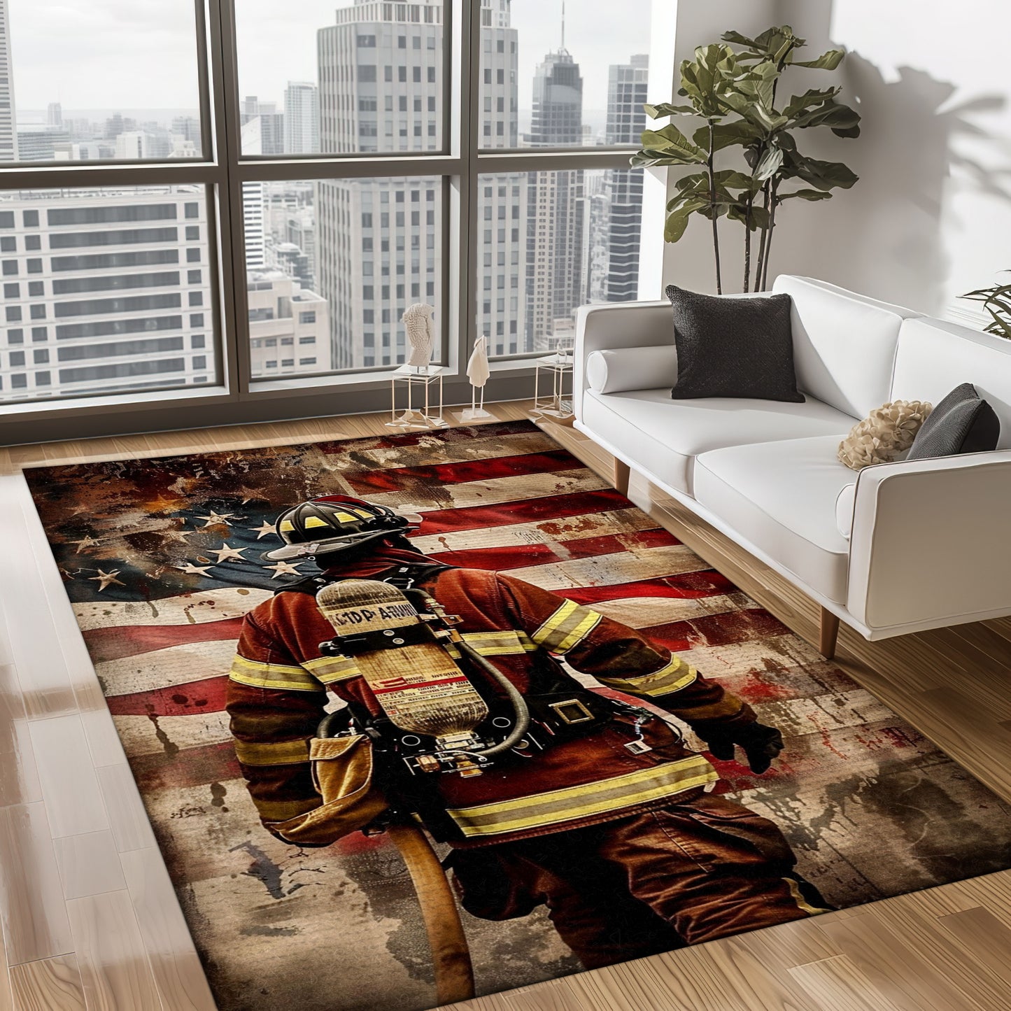 Bold Fire Truck in Front of the USA Flag Area Rug: Show Support for First Responders and Nation, Firefighter Rugs for Living Room Bedroom, Firefighter Rectangular Rugs Full Size FR60