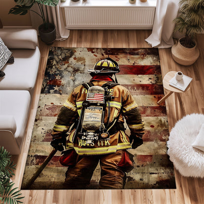 Bold Fire Truck in Front of the USA Flag Area Rug: Show Support for First Responders and Nation, Firefighter Rugs for Living Room Bedroom, Firefighter Rectangular Rugs Full Size FR60