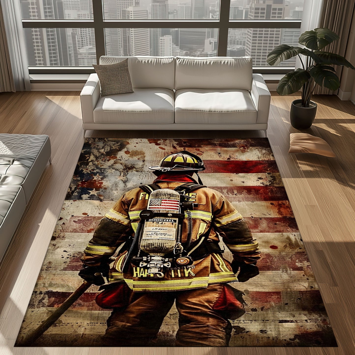 Bold Fire Truck in Front of the USA Flag Area Rug: Show Support for First Responders and Nation, Firefighter Rugs for Living Room Bedroom, Firefighter Rectangular Rugs Full Size FR60