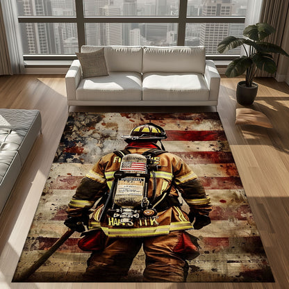 Bold Fire Truck in Front of the USA Flag Area Rug: Show Support for First Responders and Nation, Firefighter Rugs for Living Room Bedroom, Firefighter Rectangular Rugs Full Size FR60