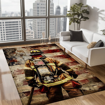 Bold Fire Truck in Front of the USA Flag Area Rug: Show Support for First Responders and Nation, Firefighter Rugs for Living Room Bedroom, Firefighter Rectangular Rugs Full Size FR60