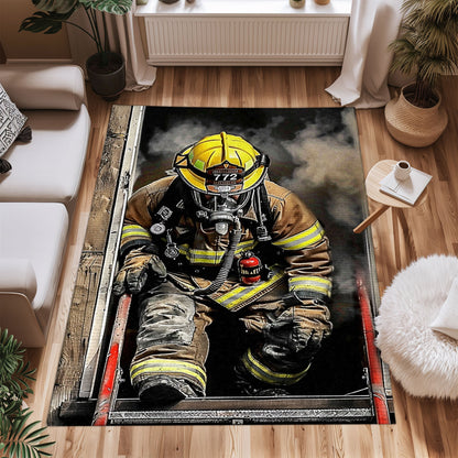 Bold Fire Truck in Front of the USA Flag Area Rug: Show Support for First Responders and Nation, Firefighter Rugs for Living Room Bedroom, Firefighter Rectangular Rugs Full Size FR60