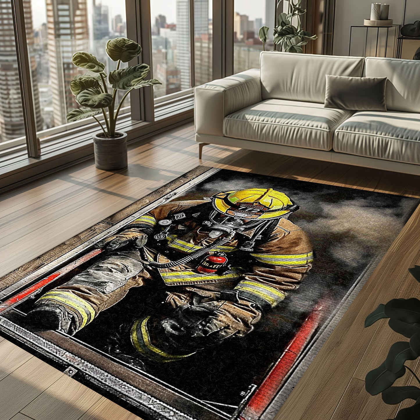 Bold Fire Truck in Front of the USA Flag Area Rug: Show Support for First Responders and Nation, Firefighter Rugs for Living Room Bedroom, Firefighter Rectangular Rugs Full Size FR60