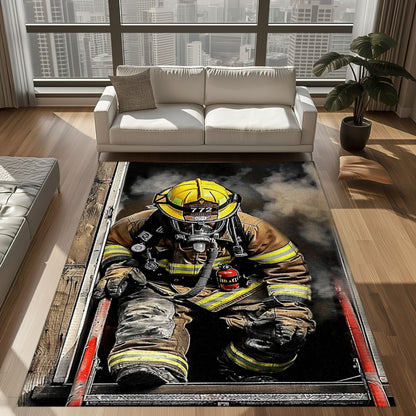 Bold Fire Truck in Front of the USA Flag Area Rug: Show Support for First Responders and Nation, Firefighter Rugs for Living Room Bedroom, Firefighter Rectangular Rugs Full Size FR60