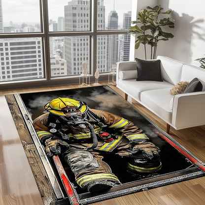 Bold Fire Truck in Front of the USA Flag Area Rug: Show Support for First Responders and Nation, Firefighter Rugs for Living Room Bedroom, Firefighter Rectangular Rugs Full Size FR60