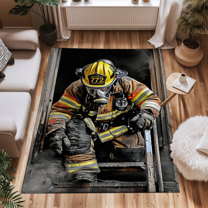 Bold Fire Truck in Front of the USA Flag Area Rug: Show Support for First Responders and Nation, Firefighter Rugs for Living Room Bedroom, Firefighter Rectangular Rugs Full Size FR60