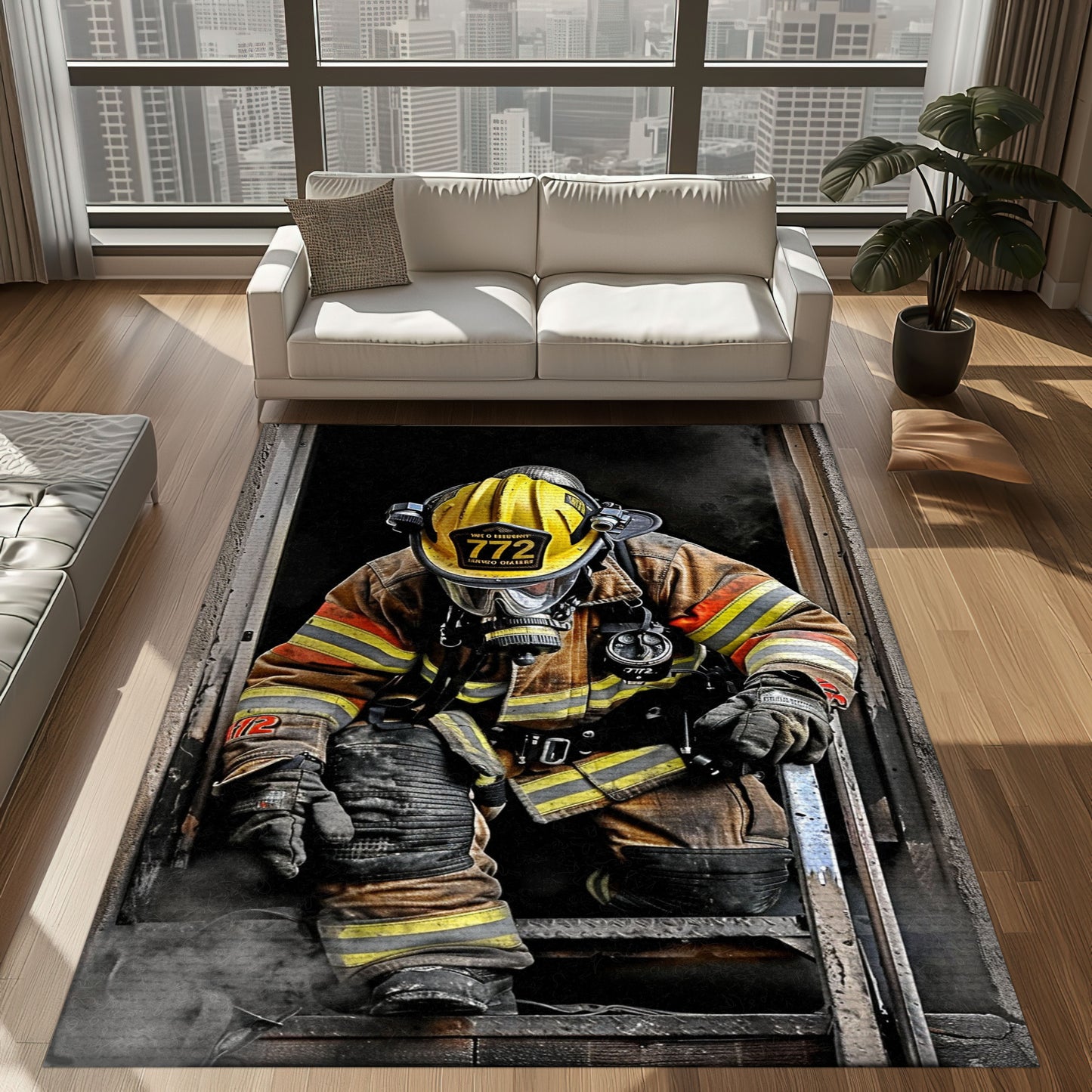 Bold Fire Truck in Front of the USA Flag Area Rug: Show Support for First Responders and Nation, Firefighter Rugs for Living Room Bedroom, Firefighter Rectangular Rugs Full Size FR60