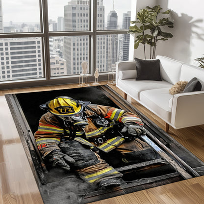 Bold Fire Truck in Front of the USA Flag Area Rug: Show Support for First Responders and Nation, Firefighter Rugs for Living Room Bedroom, Firefighter Rectangular Rugs Full Size FR60