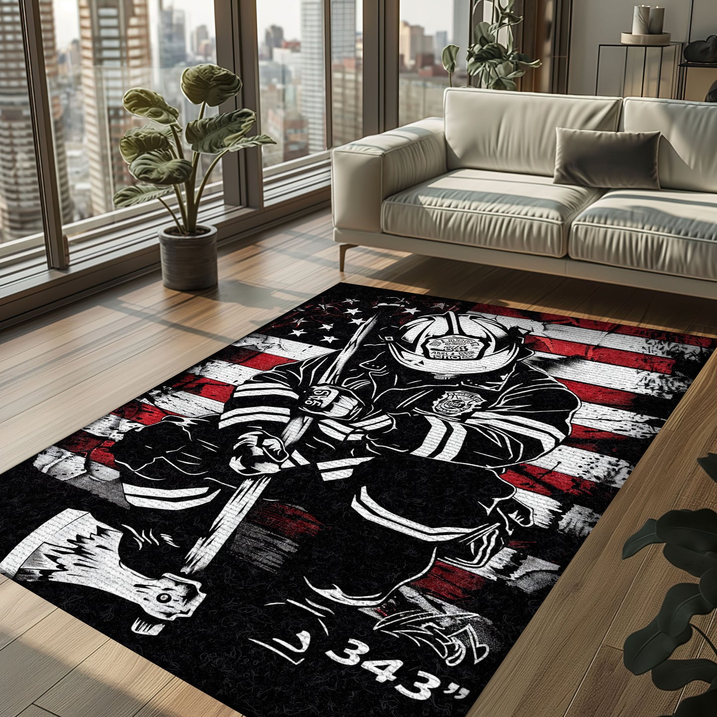 Bold Fire Truck in Front of the USA Flag Area Rug: Show Support for First Responders and Nation, Firefighter Rugs for Living Room Bedroom, Firefighter Rectangular Rugs Full Size FR60