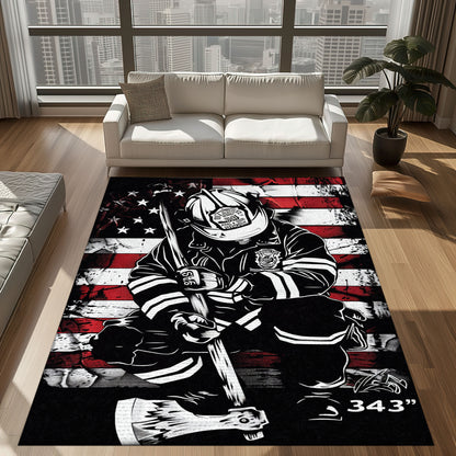 Bold Fire Truck in Front of the USA Flag Area Rug: Show Support for First Responders and Nation, Firefighter Rugs for Living Room Bedroom, Firefighter Rectangular Rugs Full Size FR60