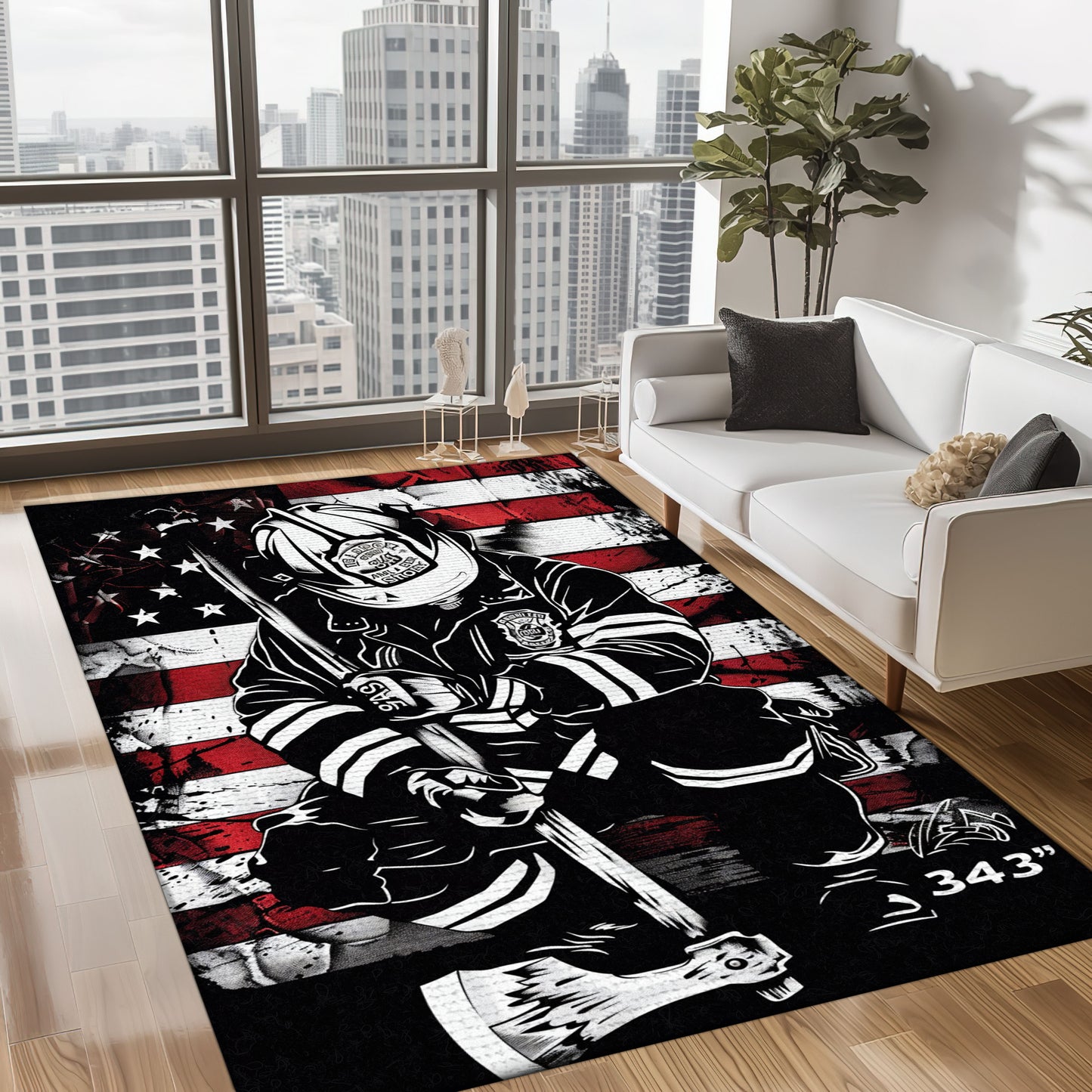 Bold Fire Truck in Front of the USA Flag Area Rug: Show Support for First Responders and Nation, Firefighter Rugs for Living Room Bedroom, Firefighter Rectangular Rugs Full Size FR60