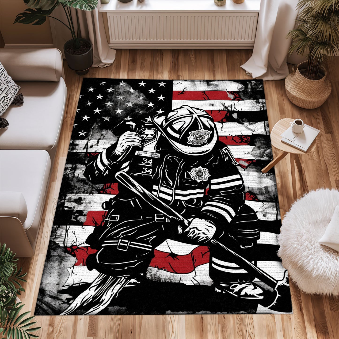 Bold Fire Truck in Front of the USA Flag Area Rug: Show Support for First Responders and Nation, Firefighter Rugs for Living Room Bedroom, Firefighter Rectangular Rugs Full Size FR60