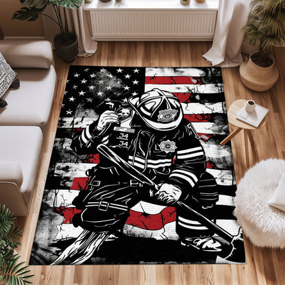 Bold Fire Truck in Front of the USA Flag Area Rug: Show Support for First Responders and Nation, Firefighter Rugs for Living Room Bedroom, Firefighter Rectangular Rugs Full Size FR60