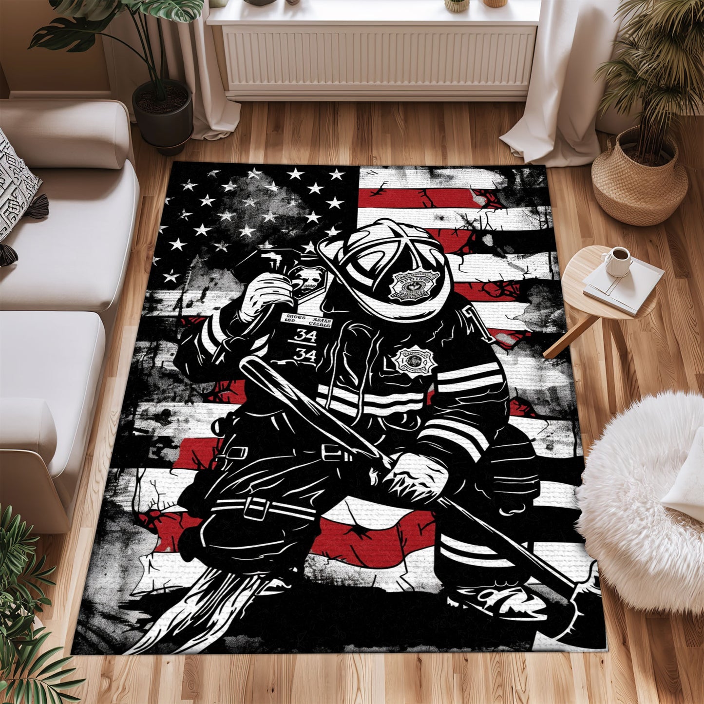 Red, White, and Courage: Personalized America Flag Fire Fighter Rug, Firefighter Rugs for Living Room Bedroom, Firefighter Rectangular Rugs Full Size FR150