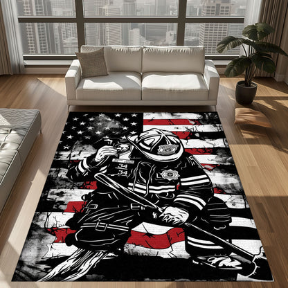 Bold Fire Truck in Front of the USA Flag Area Rug: Show Support for First Responders and Nation, Firefighter Rugs for Living Room Bedroom, Firefighter Rectangular Rugs Full Size FR60