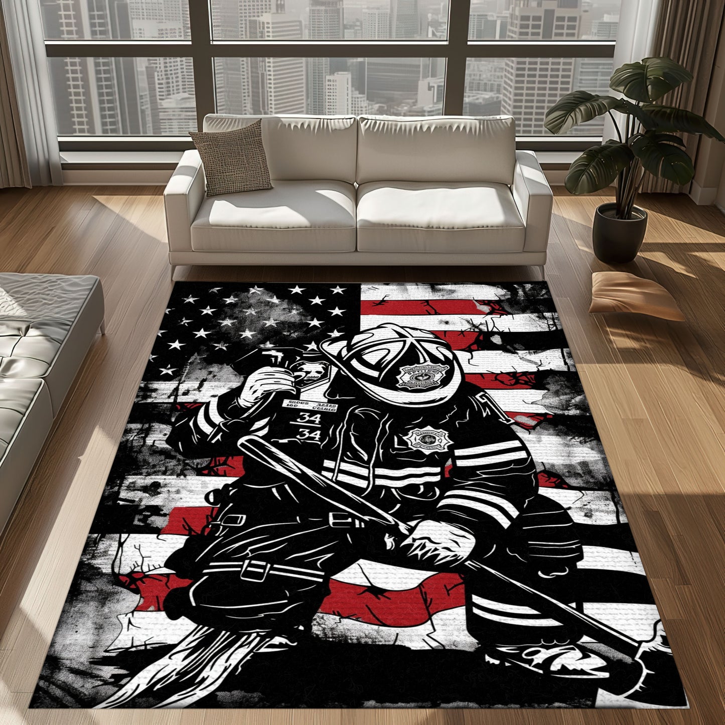 Red, White, and Courage: Personalized America Flag Fire Fighter Rug, Firefighter Rugs for Living Room Bedroom, Firefighter Rectangular Rugs Full Size FR150