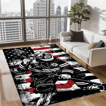 Bold Fire Truck in Front of the USA Flag Area Rug: Show Support for First Responders and Nation, Firefighter Rugs for Living Room Bedroom, Firefighter Rectangular Rugs Full Size FR60