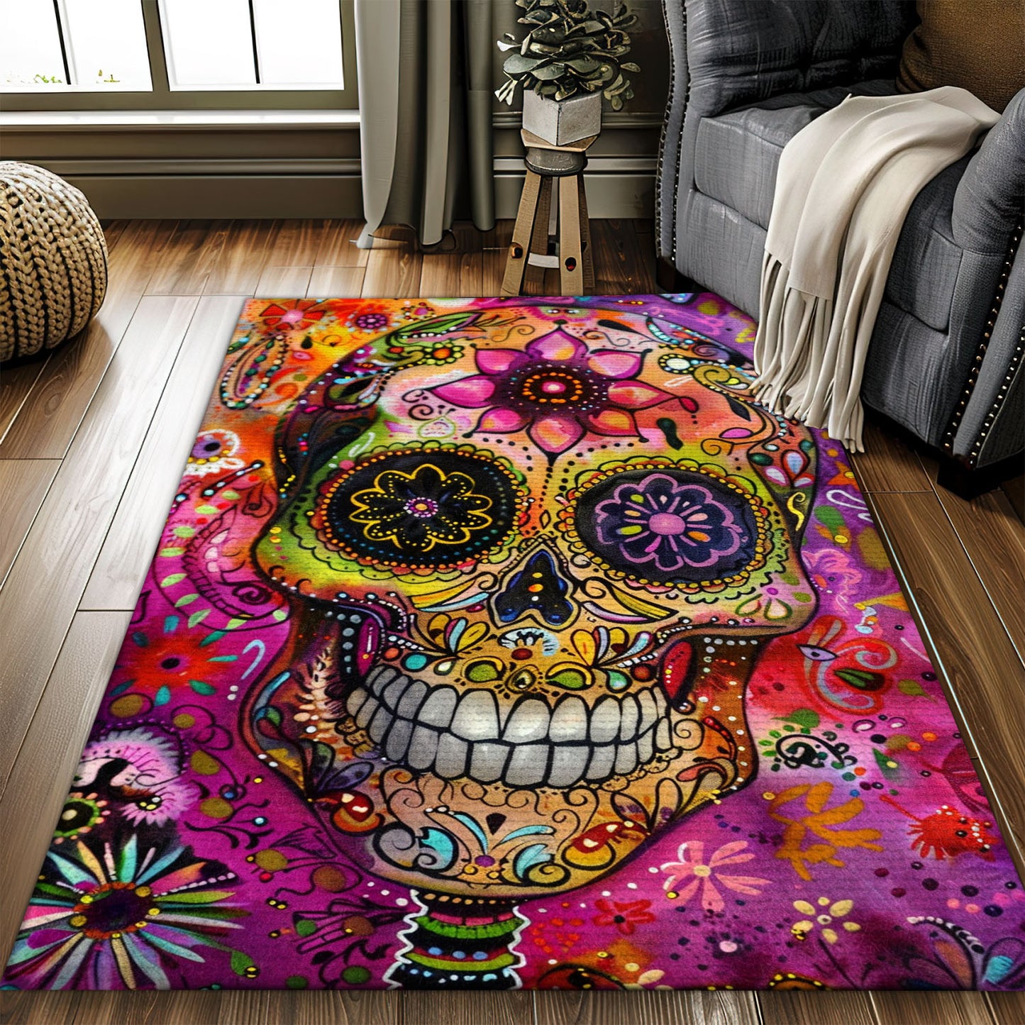 Personalized Day of the Dead Skulls Batik Pattern Rug: Celebrate Life and Heritage at Home, Skull Rug, Area Rugs 5x8, 4x6, 3x5 Size for Living Room Bedroom Home Decorative Skull K60