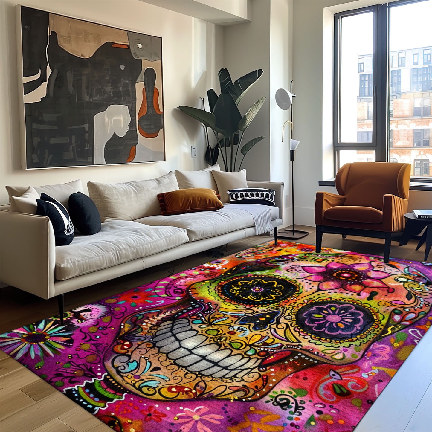 Personalized Day of the Dead Skulls Batik Pattern Rug: Celebrate Life and Heritage at Home, Skull Rug, Area Rugs 5x8, 4x6, 3x5 Size for Living Room Bedroom Home Decorative Skull K60