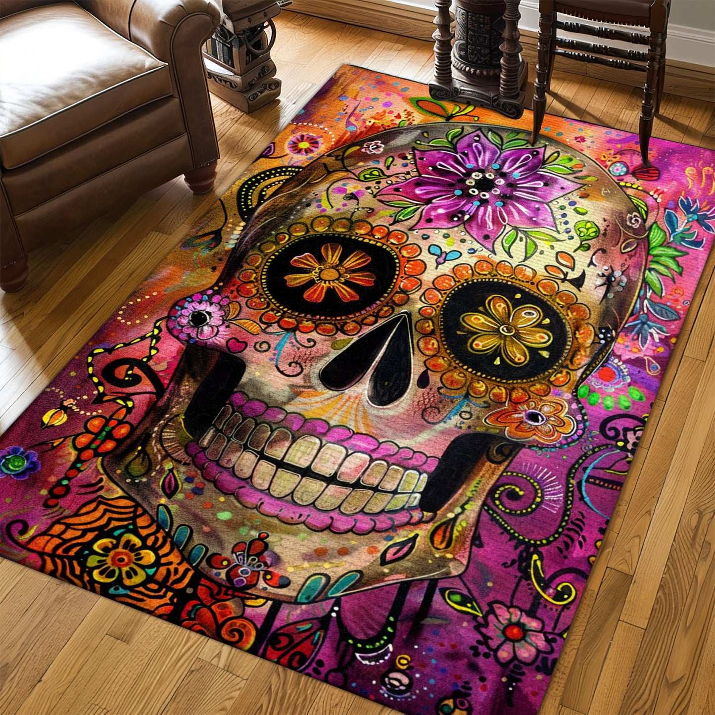 Personalized Mexican Dia de los Muertos Inspired Rug: Symbolism for Your Home, Skull Rug, Area Rugs 5x8, 4x6, 3x5 Size for Living Room Bedroom Home Decorative Skull K59